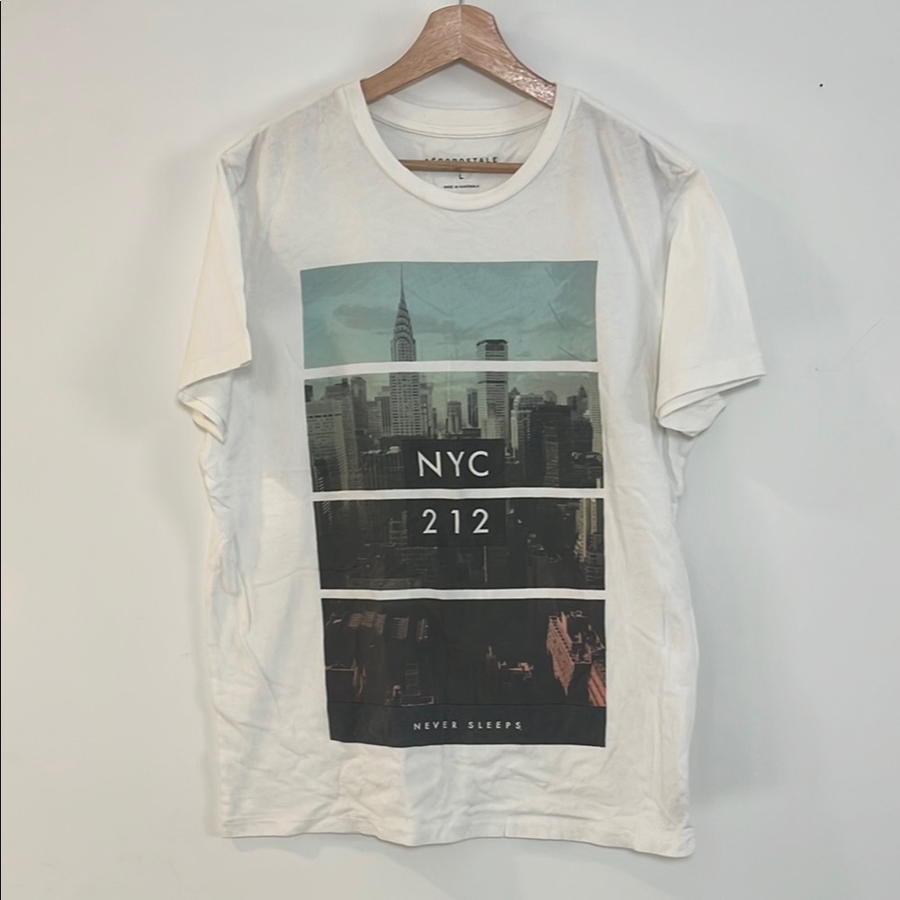 New York City Crewneck White Graphic T-Shirt - NYC 212 Never Sleeps Logo